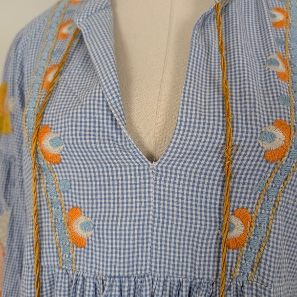 Zara Women Gingham Embroidered Mini Dress Long Sleeve Tassels Lantern Sleeve - Picture 9 of 15